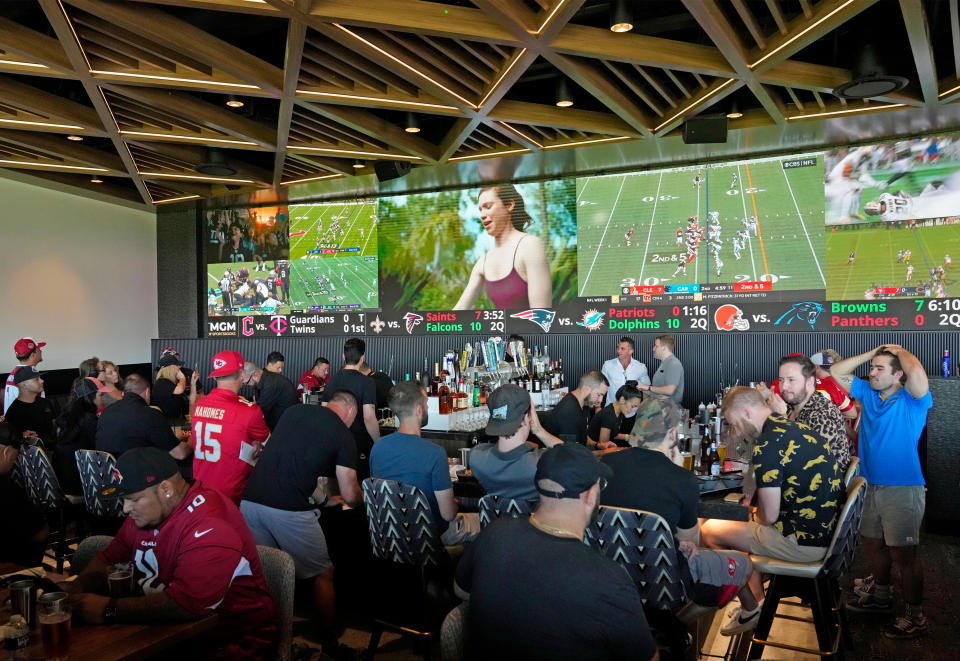 Sep 11, 2022; Glendale, Arizona, USA; The BetMGM Sportsbook opened for business during the season opener between the Kansas City Chiefs and the Arizona Cardinals on the Great Lawn outside of State Farm Stadium. Mandatory Credit: Rob Schumacher-Arizona Republic