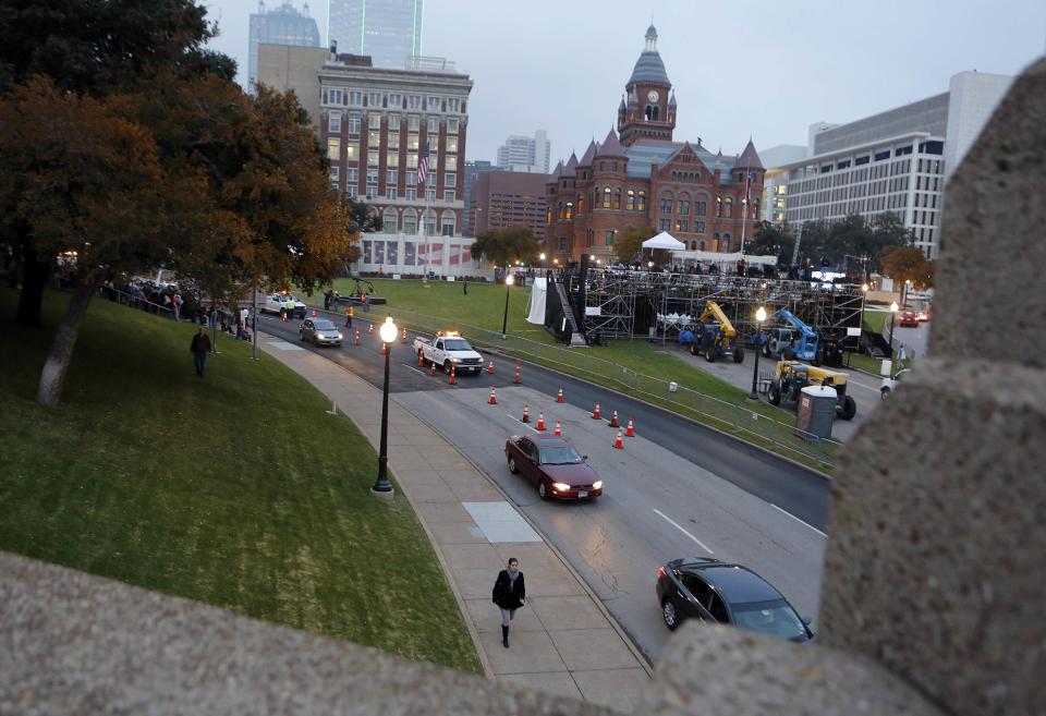 Dealey Plaza is seen from the roailroad trestle atop the triple underpass looking towards the spot where the president was shot in 1963 in Dallas