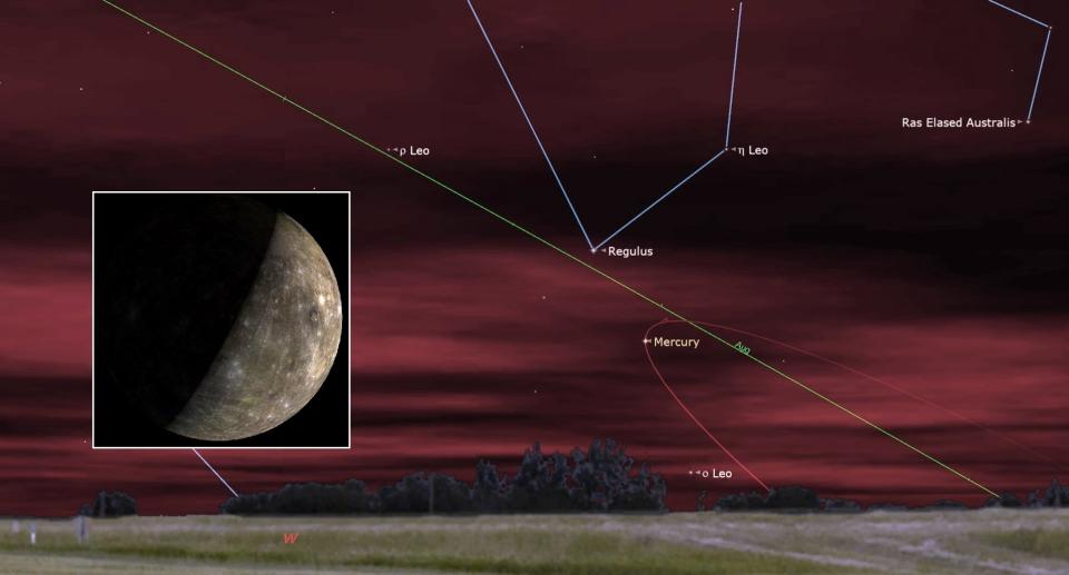 A white outline around a black image of a half-shadowed Mercury, pockmarked with white craters. The frame is centered on the left of a landscape with a hazy red sky above a low, grassy horizon. A thin green line runs in half from the upper left, cutting through the loop of a red line going up and down the right. Blue lines at the top connect stars to show constellations.