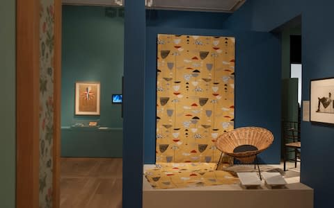 Calyx furnishing fabric designed by Lucienne Day exhibited at the National Portrait Gallery - Credit: Malcolm Park editorial/Alamy Stock Photo