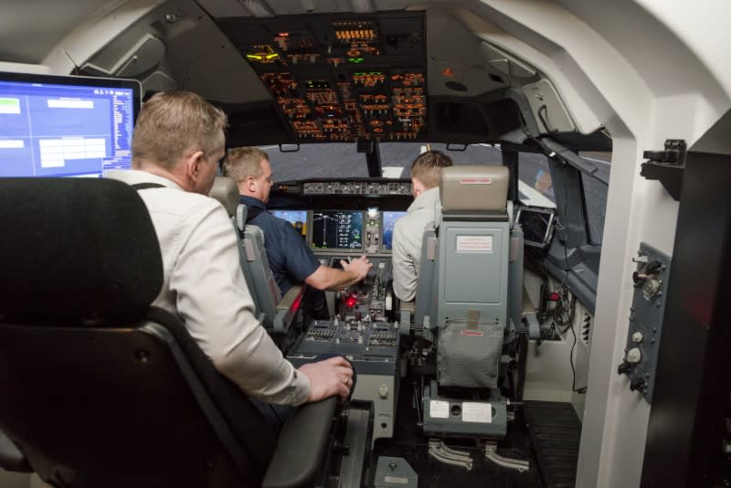 An inside view of the Icelandair Boeing 737 MAX training simulator in the TRU Flight Training Iceland in Reykjavik