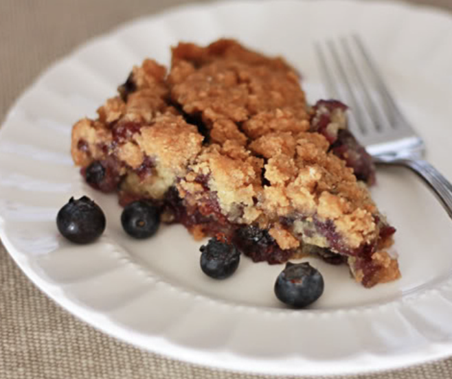 Streusel = crumbs made out of flour + sugar + butter. Recipe: Blueberry Buckle 