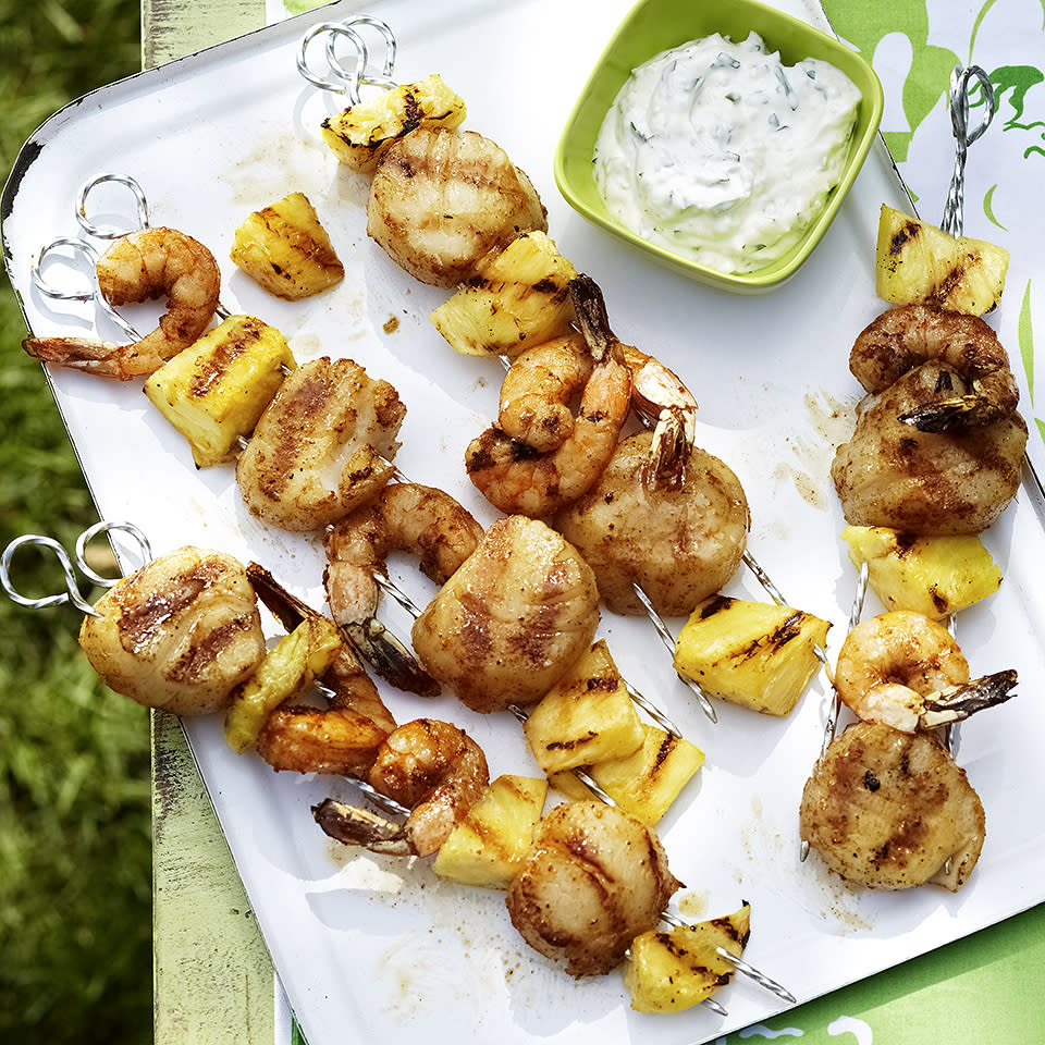 Shrimp, Scallop & Pineapple Skewers with Cilantro Aioli