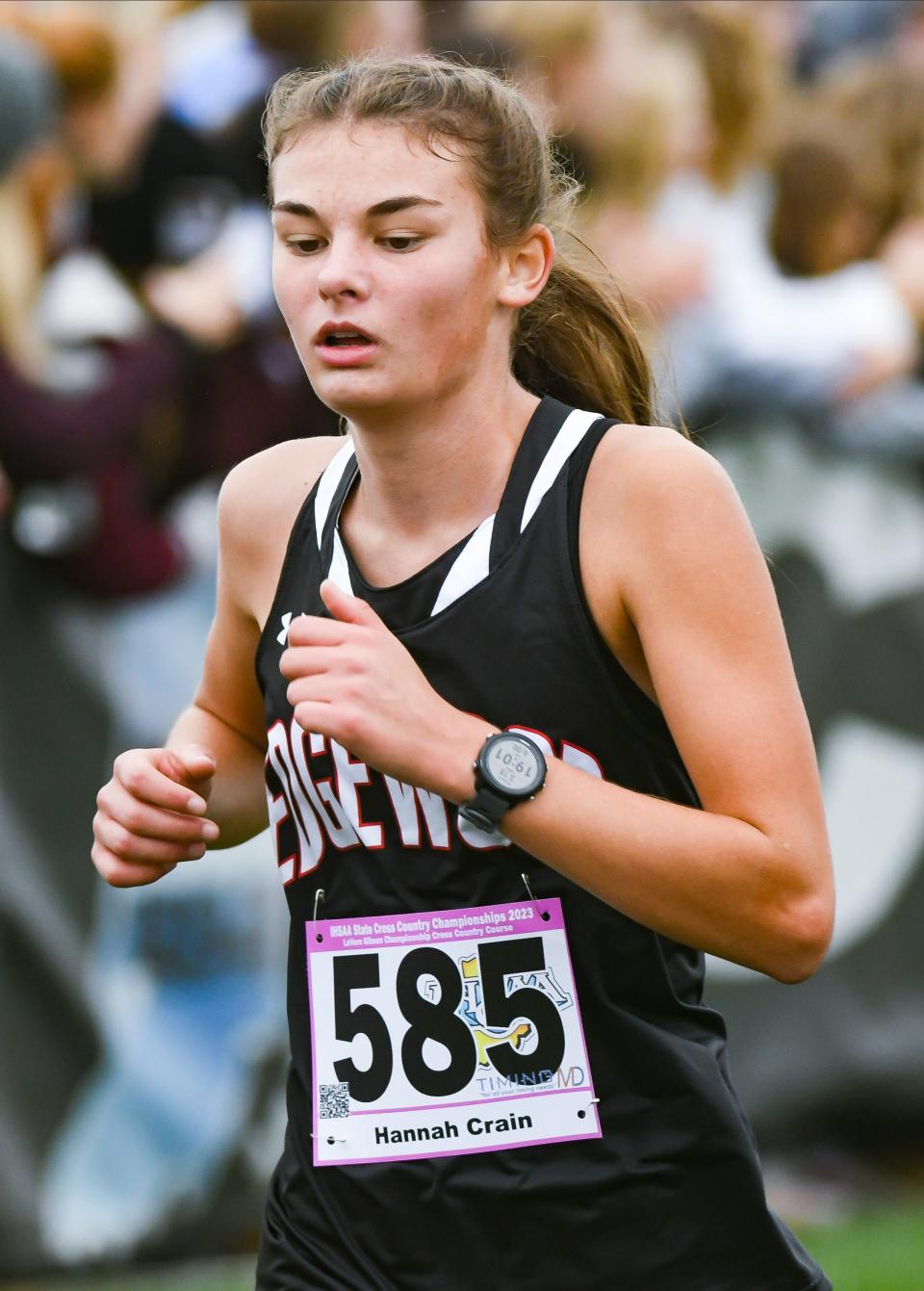 Edgewood’s Hannah Crain runs during the IHSAA state cross country championship at the Lavern Gibson Championship Cross Country Course in Terre Haute, Ind. on Saturday, Oct. 28, 2023.
