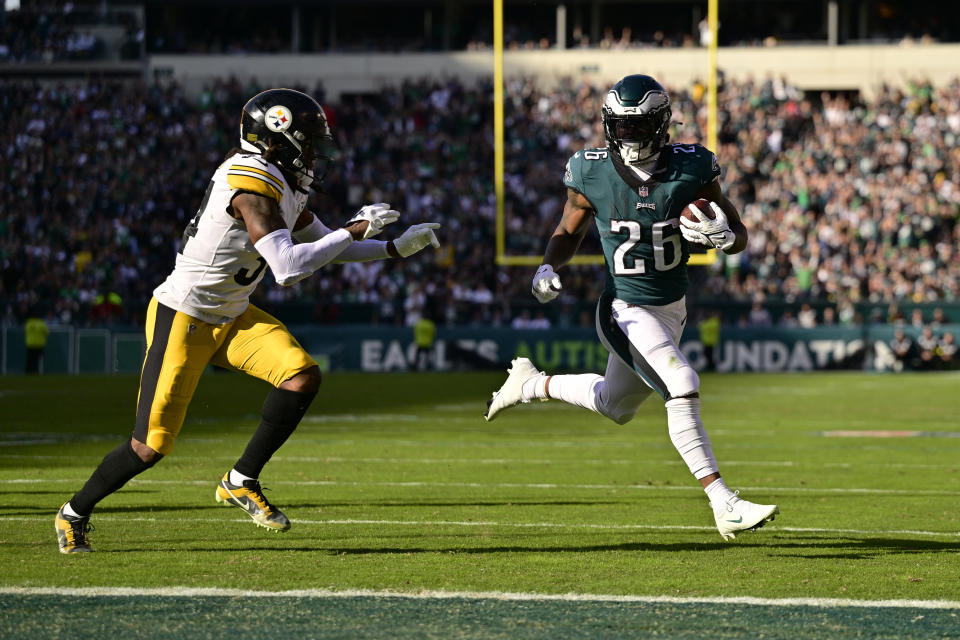 Pittsburgh Steelers safety Terrell Edmunds (34) chases Philadelphia Eagles running back Miles Sanders (26) as he runs into the end zone for a touchdown during the second half of an NFL football game between the Pittsburgh Steelers and Philadelphia Eagles, Sunday, Oct. 30, 2022, in Philadelphia. (AP Photo/Derik Hamilton)