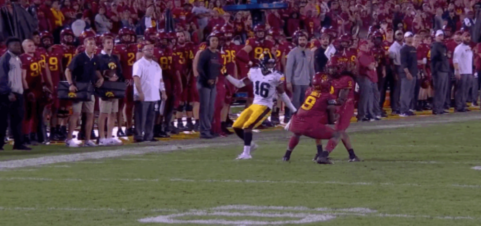 Iowa recovered after the ball hit Iowa State's Datrone Young and won the game. (via Fox)