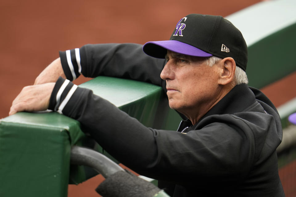 Colorado Rockies manager Bud Black stands in the dugout during the first inning of a baseball game against the Pittsburgh Pirates in Pittsburgh, Saturday, May 4, 2024. (AP Photo/Gene J. Puskar)