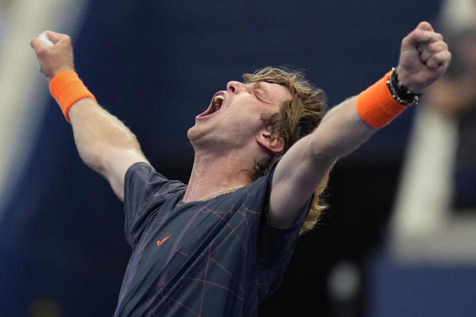 Andrey Rublev, of Russia, celebrates after defeating Jack Draper, of Great Britain, during the fourth round of the U.S. Open tennis championships, Monday, Sept. 4, 2023, in New York. (AP Photo/Seth Wenig)