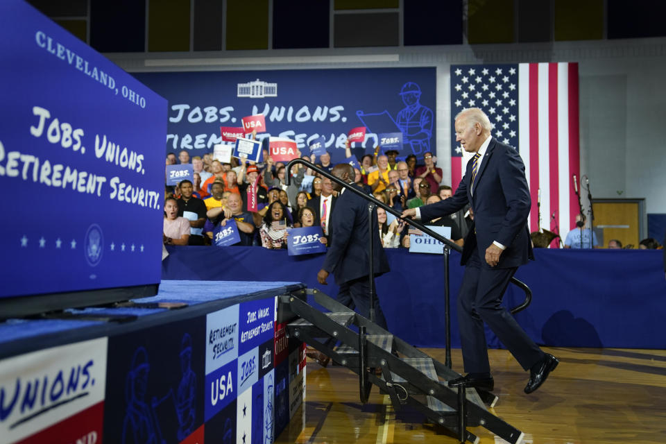 President Joe Biden arrives to speak at Max S. Hayes Hight School, Wednesday, July 6, 2022, in Cleveland. (AP Photo/Evan Vucci)