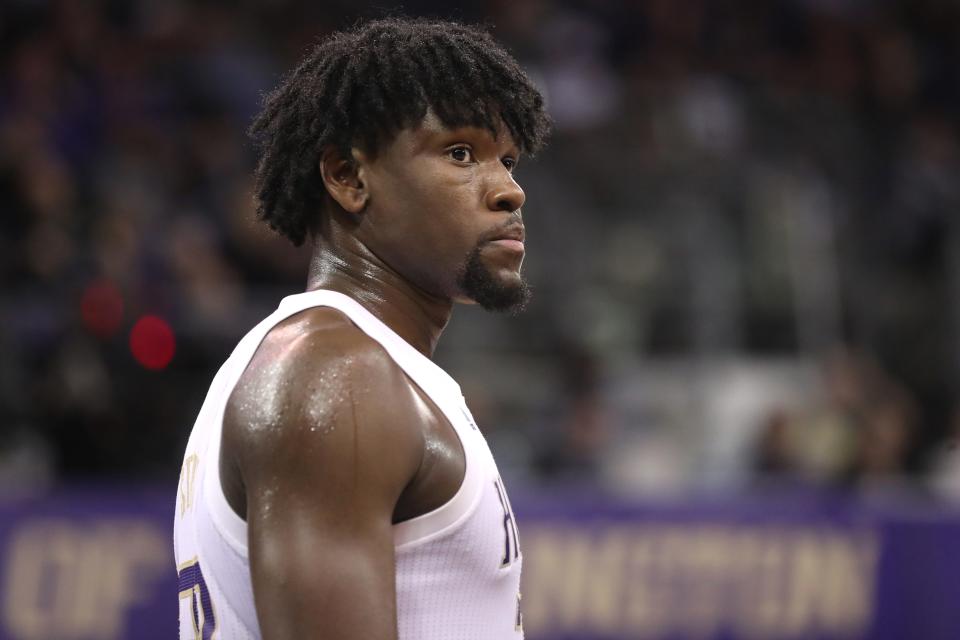 Isaiah Stewart of the Washington Huskies looks on in the second half against the Arizona Wildcats during their game during their game at Hec Edmundson Pavilion on January 30, 2020 in Seattle, Washington.