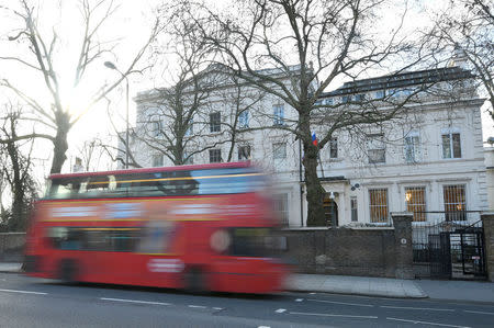 A London bus drives past the consular section of Russia's embassy in London, Britain, March 16, 2018. REUTERS/Toby Melville