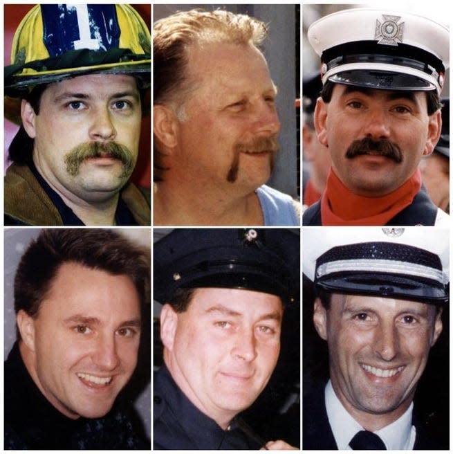 The six firefighters who perished in the Worcester Cold Storage and Warehouse Co. building fire Dec. 3, 1999. Top row, from left: Paul A. Brotherton, Lt. Timothy P. Jackson Sr., Jeremiah M. Lucey. Bottom row, from left: Lt. James F. Lyons III, Joseph T. McGuirk and Lt. Thomas E. Spencer.