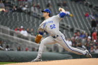 Kansas City Royals pitcher Daniel Lynch throws to a Minnesota Twins batter during the first inning of a baseball game, Thursday, May 26, 2022, in Minneapolis. (AP Photo/Craig Lassig)