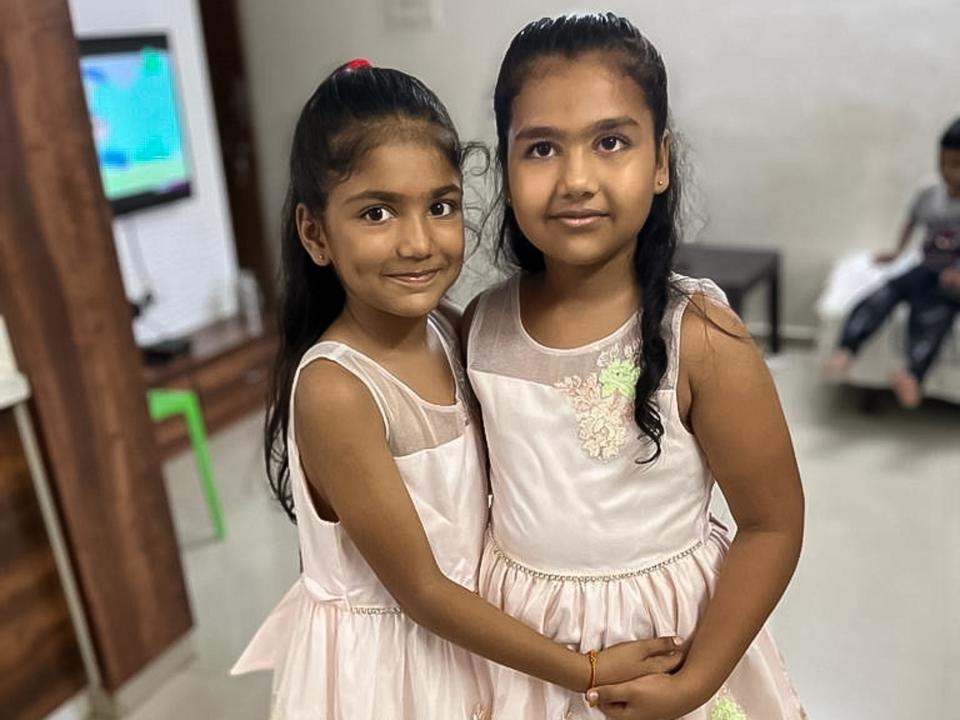 A photo of Riddhima, 8, left, and Aradhya, 9, taken by Priya Guru on her latest trip to India in November.