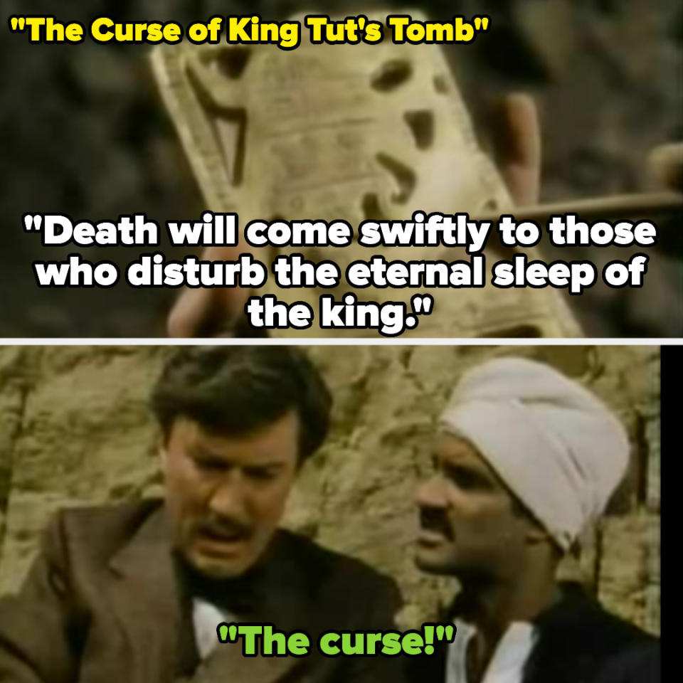 Howard reads the inscription warning death will come to those who disturb the tomb and the man who found it says "the curse!" in The Curse of King Tut's Tomb