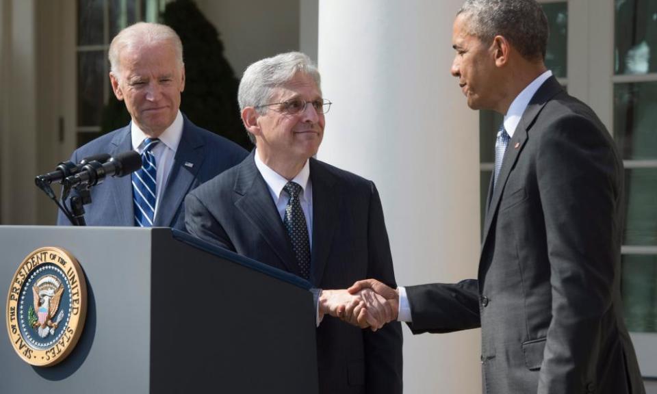 Barack Obama and Joe Biden with Merrick Garland, Obama’s supreme court nominee.