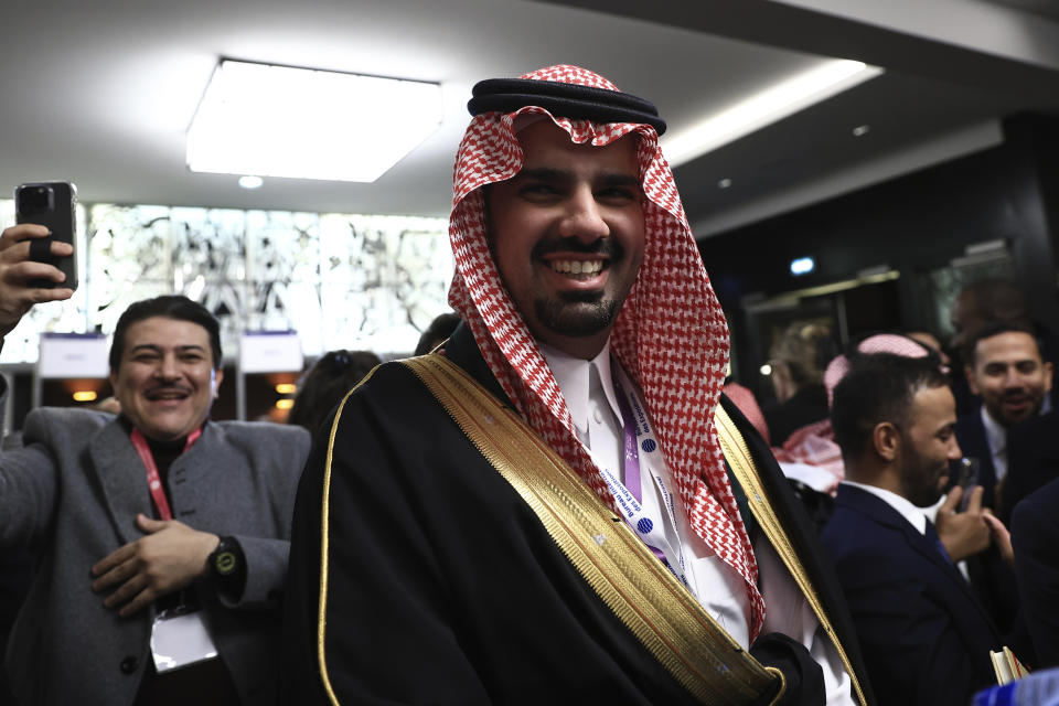 Faisal bin Abdulaziz bin Ayyaf Al-Miqrin, mayor of the Riyadh, smiles after the Bureau International des Expositions, or BIE, announced the vote Tuesday, Nov. 28, 2023 in Issy-les-Moulineaux, outside Paris. Saudi Arabia's capital Riyadh was chosen to host the 2030 World Expo, beating out South Korean port city Busan and Rome for an event expected to draw millions of visitors. Saudi Arabia's capital Riyadh was chosen on Tuesday to host the 2030 World Expo, beating out South Korean port city Busan and Rome for an event expected to draw millions of visitors. Riyadh was picked by a majority of 119 out of 165 votes by the member states. (AP Photo/Aurelien Morissard)