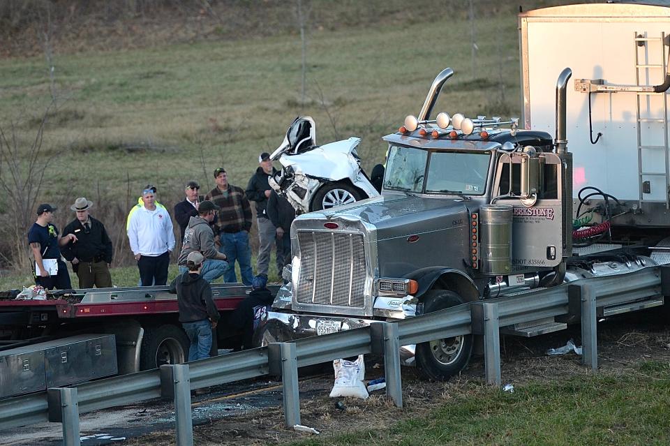 A crash involving three tractor-trailers and a passenger vehicle snarled traffic Tuesday afternoon on Interstate 81 south of the U.S. 40 interchange.