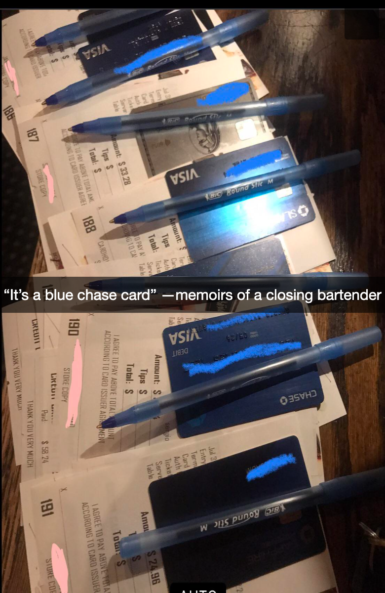 A bunch of bar tabs and credit cards