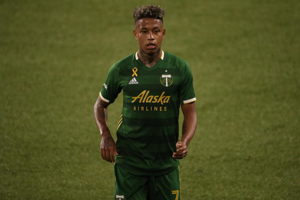 PORTLAND, OREGON - SEPTEMBER 02: Andy Polo #7 of Portland Timbers looks on in the first half against the Los Angeles Galaxy at Providence Park on September 02, 2020 in Portland, Oregon. (Photo by Abbie Parr/Getty Images)