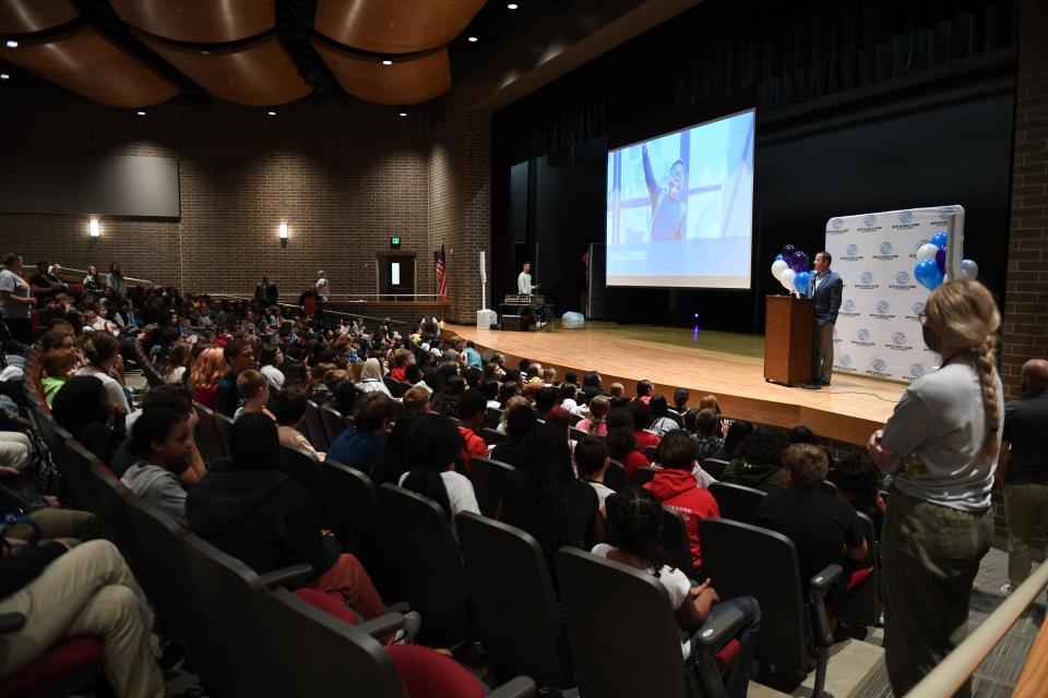 Principal Tim Koehler speaks to the sixth grade class about the new boys and girls addition on Monday, Oct. 23, 2023 at George McGovern Middle School in Sioux Falls, South Dakota.