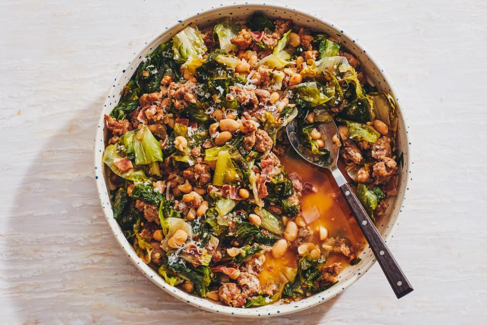 <h1 class="title">Escarole with Italian Sausage and White Beans</h1><cite class="credit">Photo by Chelsea Kyle, Food Styling by Olivia Mack Anderson</cite>