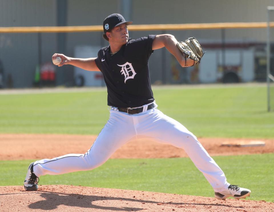 Tigers pitcher Beau Brieske throws live batting practice during spring training on Wednesday, Feb. 22, 2023, in Lakeland, Florida.