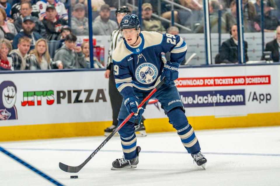 Oct 14, 2023; Columbus, Ohio, United States;
Columbus Blue Jackets right wing Patrik Laine (29) looks for an open pass during their game against the New York Rangers on Saturday, Oct. 14, 2023 at Nationwide Arena.