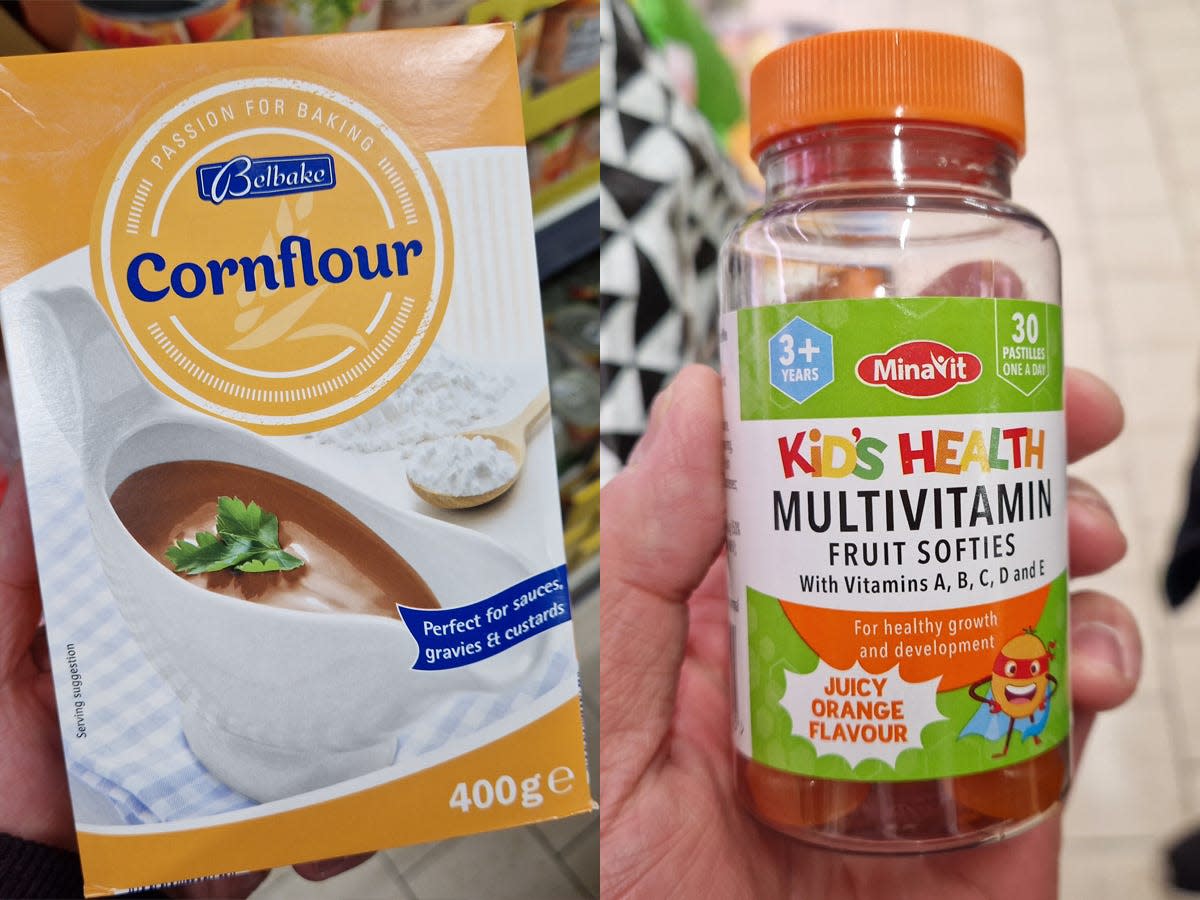 Belbake cornflour; Minavit kid's health multivitamins