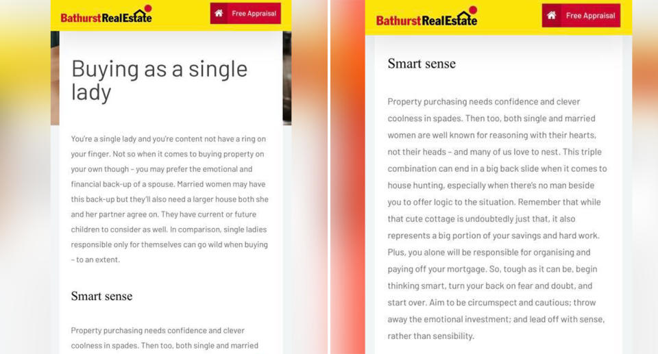 'Buying as a single lady' a blog post on Bathurst Real Estate website which has since been removed.