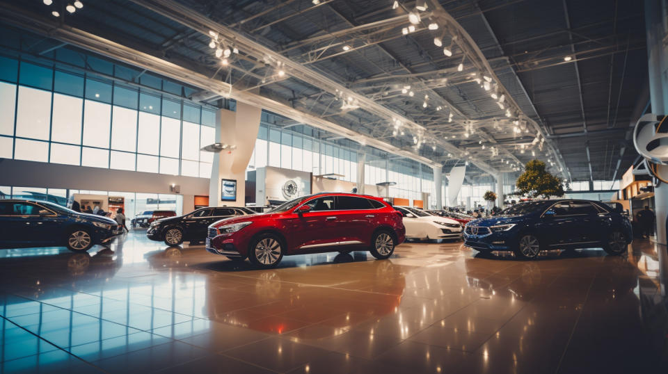 A wide view of a large auto dealership, its showroom packed with different types of cars.