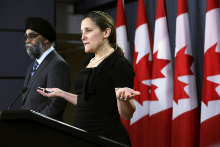 Canada's Foreign Minister Chrystia Freeland speaks during a news conference with Defence Minister Harjit Sajjan in Ottawa, Ontario, Canada, March 18, 2019. REUTERS/Chris Wattie