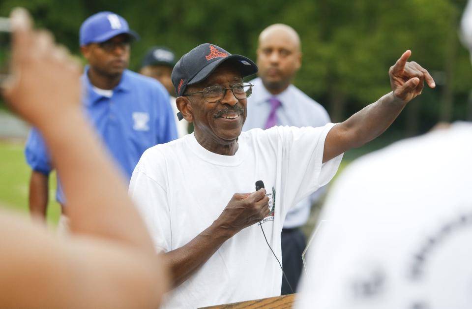 Bob King, former Howard High School track star and coach, addresses his former teammates and athletes as he is honored during "Bob King Tribute Night" at Baynard Stadium in 2016.