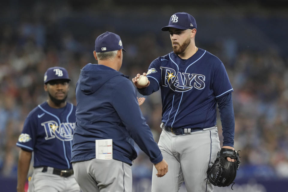 Tampa Bay Rays starting pitcher Aaron Civale is pulled from the baseball game against the Toronto Blue Jays during the second inning Friday, Sept. 29, 2023, in Toronto. (Chris Young/The Canadian Press via AP)
