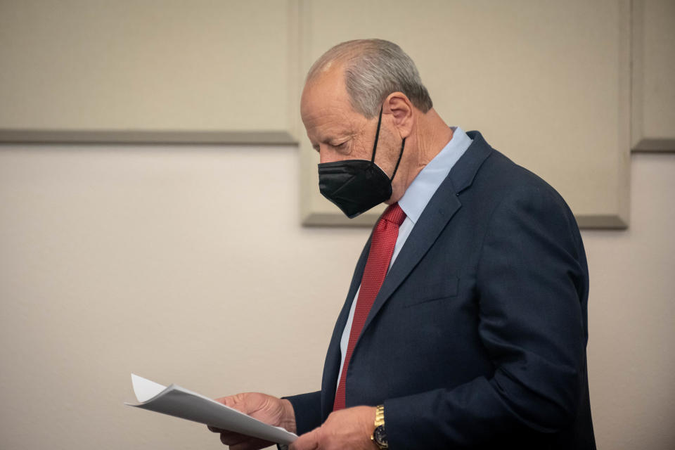 El Paso Mayor Oscar Leeser looks at his notes during a COVID-19 news conference update Jan. 12.