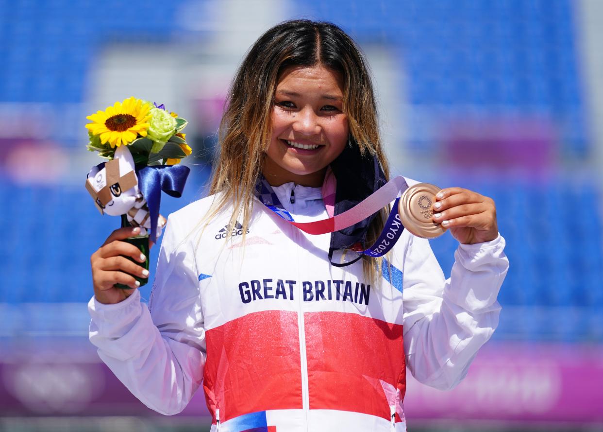 Great Britain’s Sky Brown celebrates winning the bronze medal during the Women’s Park Final at Ariake Sports Park on the twelfth day of the Tokyo 2020 Olympic Games in Japan (Adam Davy/PA) (PA Wire)