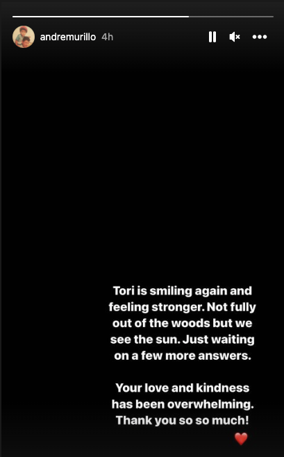 The singer's husband shared a brief update on his Instagram story on July 26. (Andre Murillo/Instagram story)