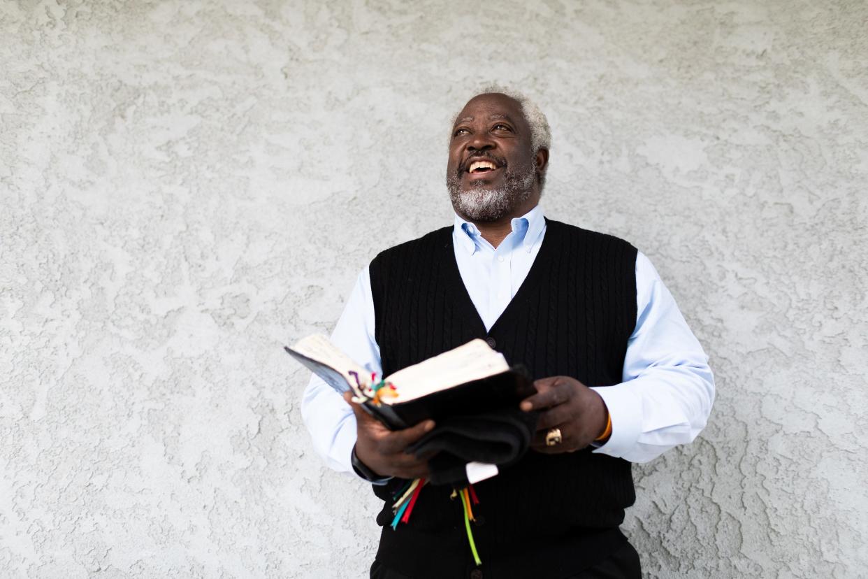 The Rev. Rolland E. Slade prepares to give his 7:30 a.m. sermon on July 19, 2020, at Meridian Baptist Church in El Cajon, Calif.