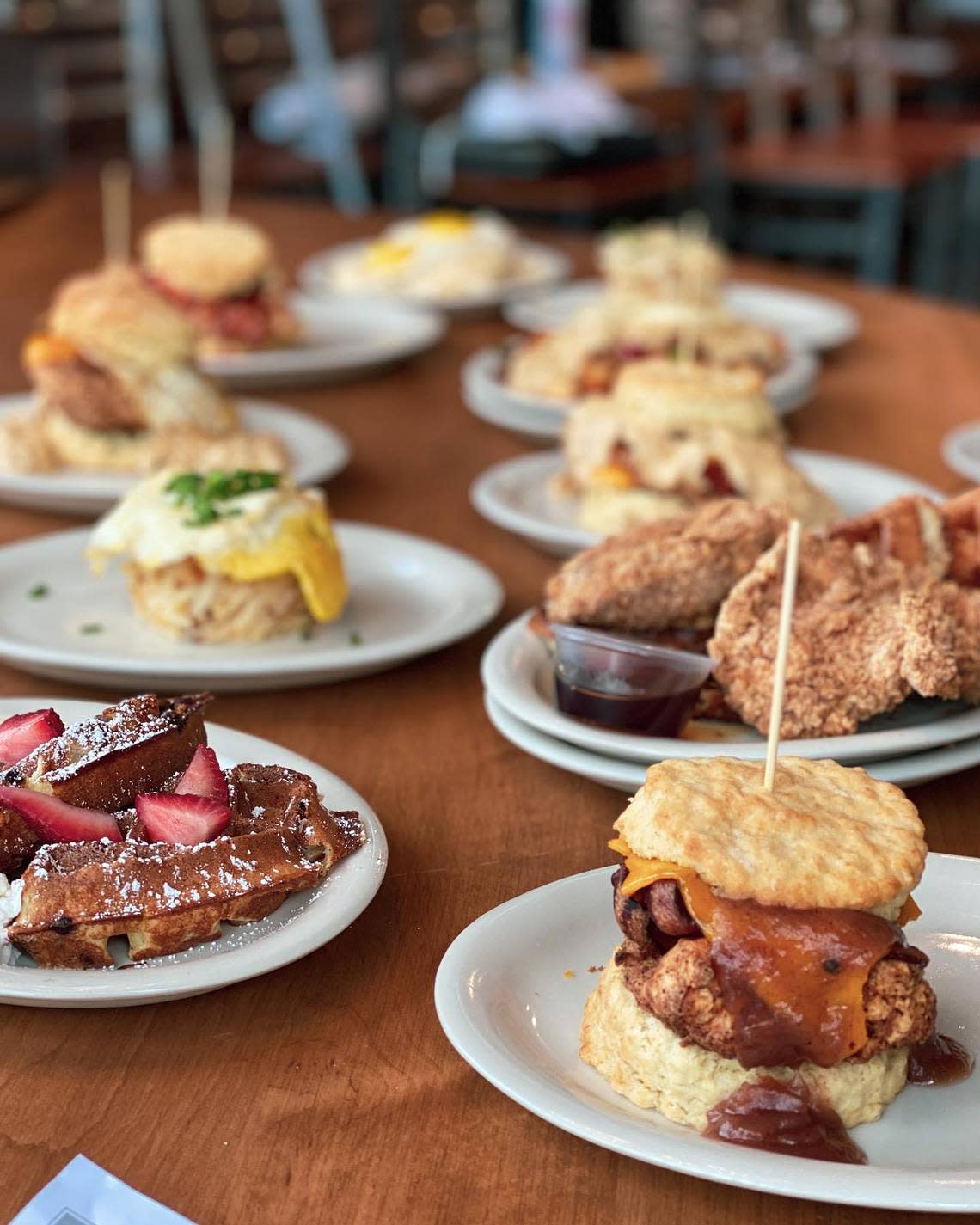 The menu at Maple Street Biscuit Co. includes gourmet biscuits and fried chicken, waffles, the Bluegrass Grits Bowl, sides and salads and specialty coffees. Provided