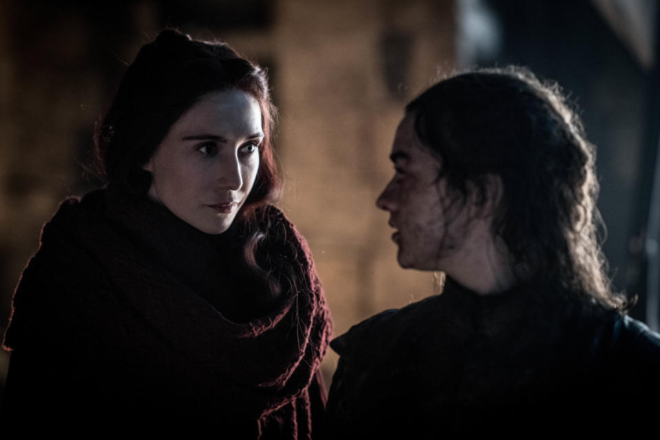 Melisandre gives Arya an eyeful of advice during 'The Long Night' episode of 'Game of Thrones' (Photo: Helen Sloan/HBO)