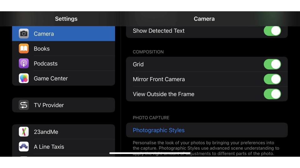 iPhone camera settings screen