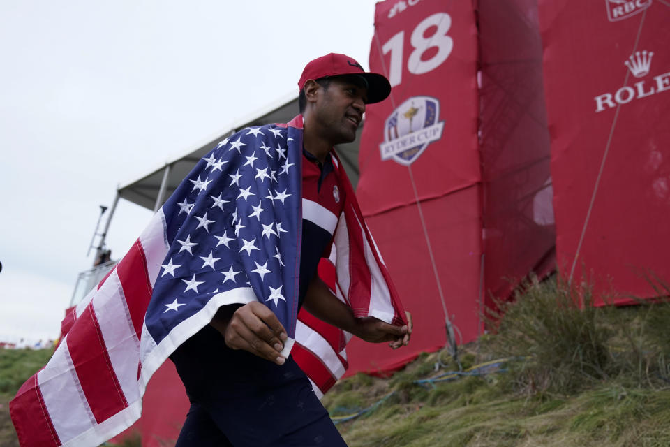 Team USA's Tony Finau celebrates after the Ryder Cup matches at the Whistling Straits Golf Course Sunday, Sept. 26, 2021, in Sheboygan, Wis. (AP Photo/Ashley Landis)