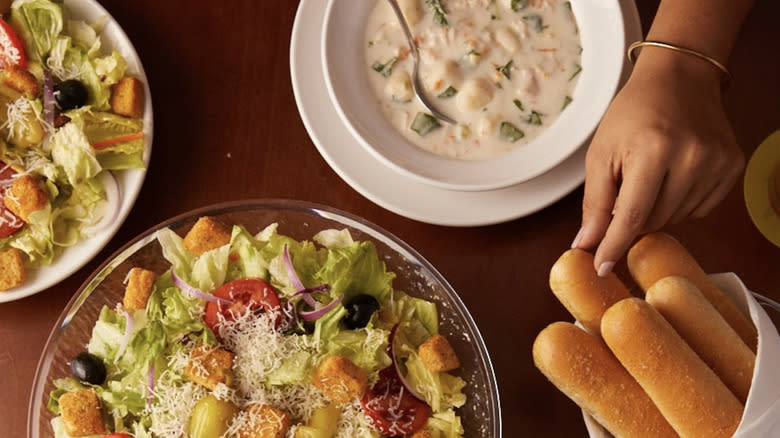 Soup, salads, and breadsticks at Olive Garden 