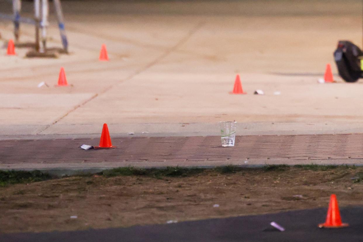 Evidence markers are pictured outside a building at Morgan State University (AP)