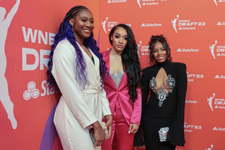 Aliyah Boston, Brea Beal and Zia Cooke pose for a photo before the WNBA Draft 2023 at Spring Studio.