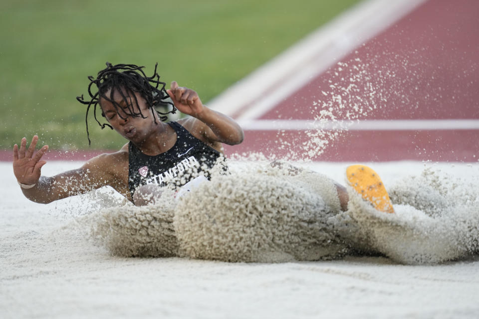 Alyssa Jones competes in the women's long jump during the U.S. track and field championships in Eugene, Ore., Sunday, July 9, 2023. (AP Photo/Ashley Landis)