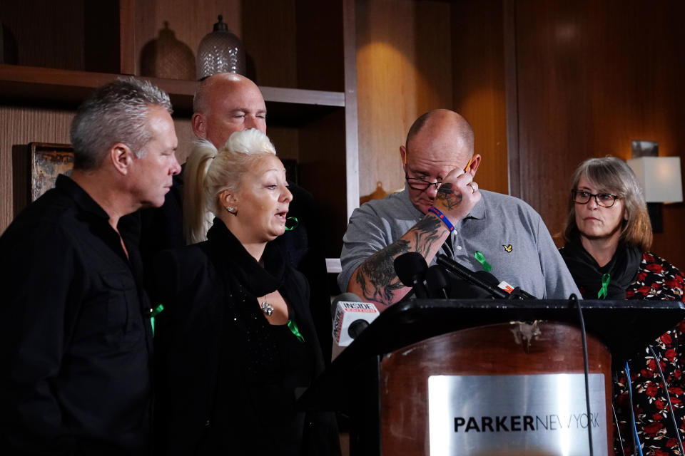 Tim Dunn and Charlotte Charles, parents of British teen Harry Dunn who was killed in a car crash on his motorcycle, attend a news conference in New York on Monday. (Photo: Carlo Allegri / Reuters)