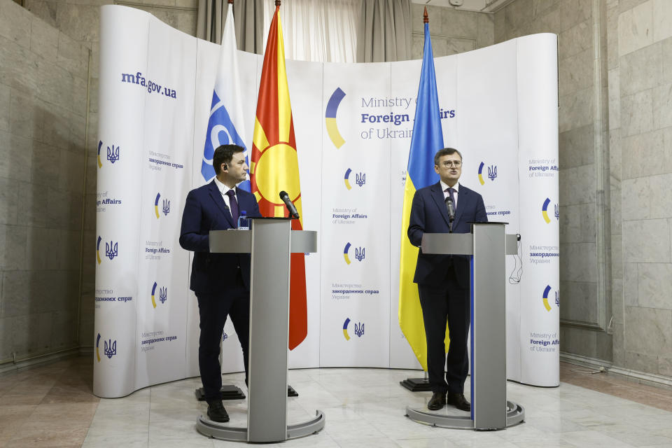 OSCE Chairman-in-Office, North Macedonia's Foreign Minister Bujar Osmani, left, and Ukrainian Foreign Minister Dmytro Kuleba give a joint press conference in Kyiv, Ukraine, Monday, Oct. 16, 2023. (Thomas Peter/Pool Photo via AP)