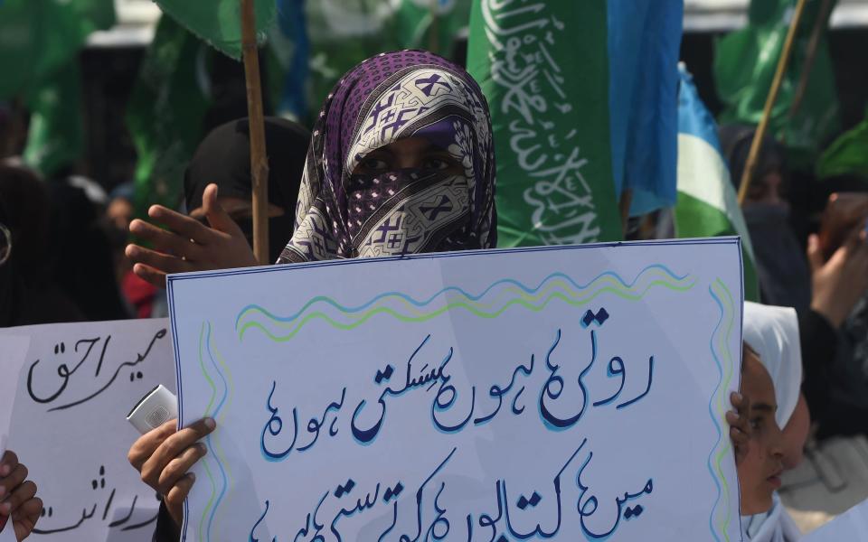 A woman holds up a placard in Lahore, Pakistan - AFP/Getty Images