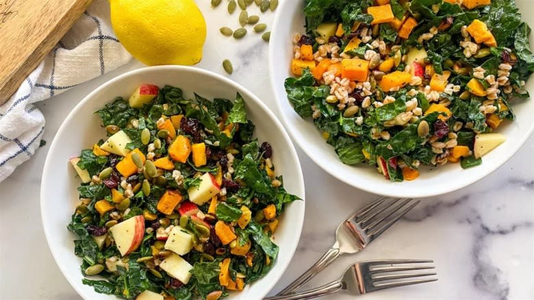 Fall salad in white bowls